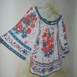 Forever 21 Shirt Mixed Floral Flutter Sleeve Boho Smocked Off Shoulder Blouse M